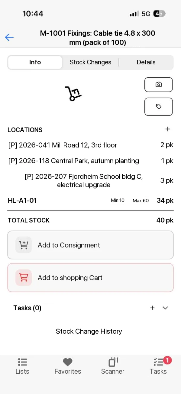 The material card in the Lagerdrift app with stock per location, minimum and maximum