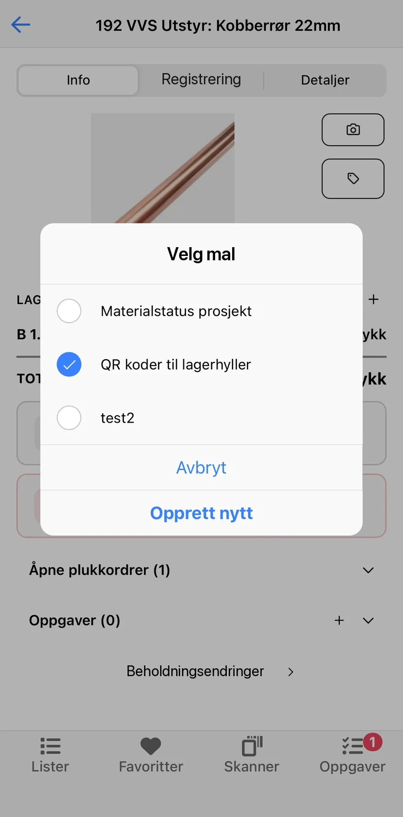Dialogen Velg mal i mobilappen med en etikettmal valgt