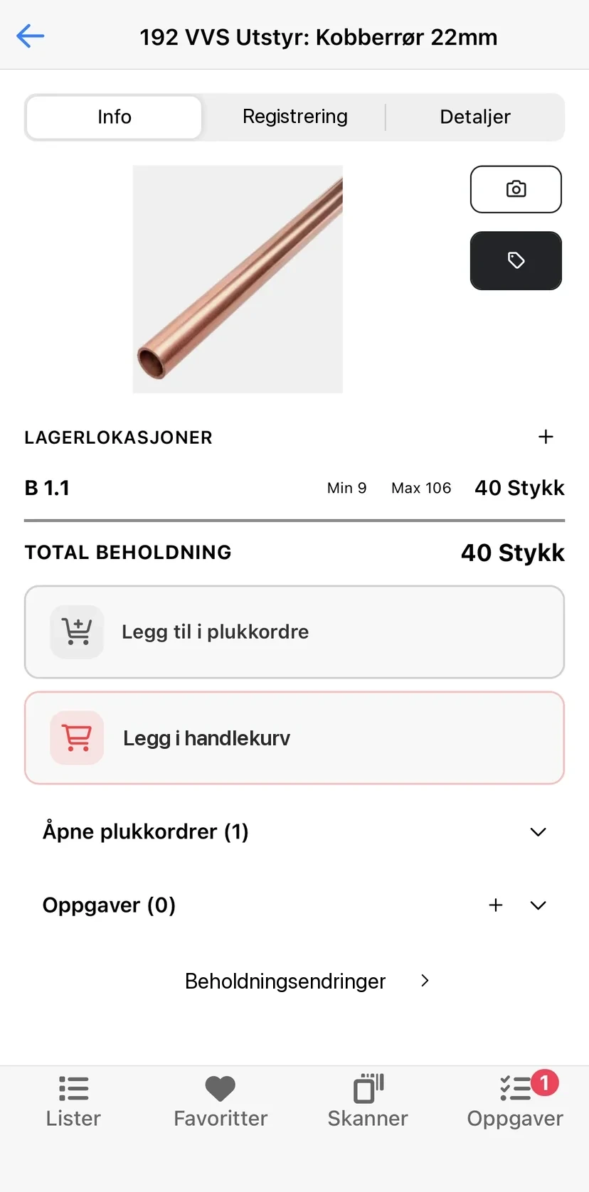 Et materiale åpnet i mobilappen med etikett-knappen øverst til høyre trykt inn