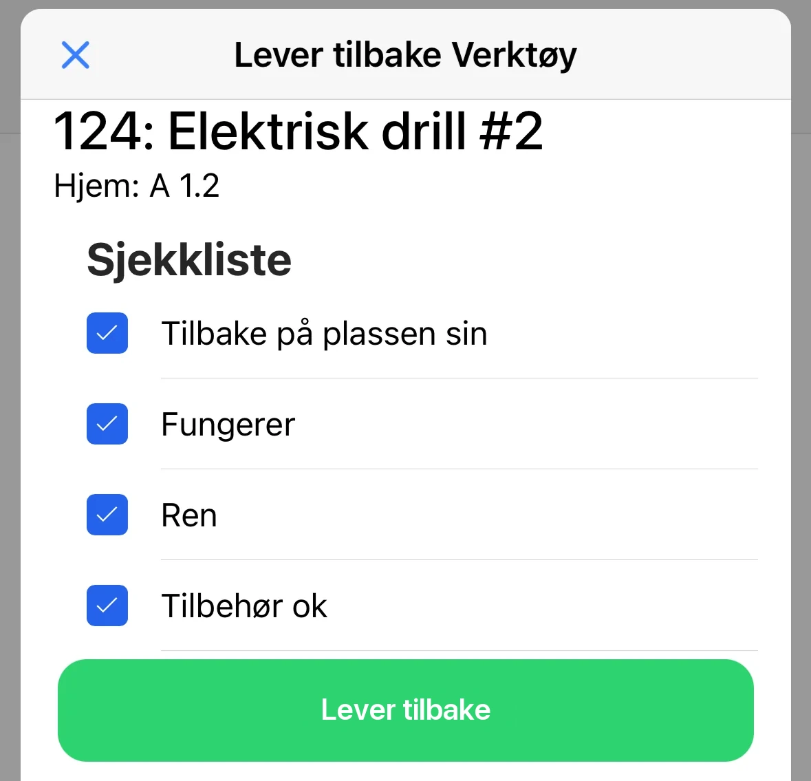 Sjekklisten som kan vises ved retur