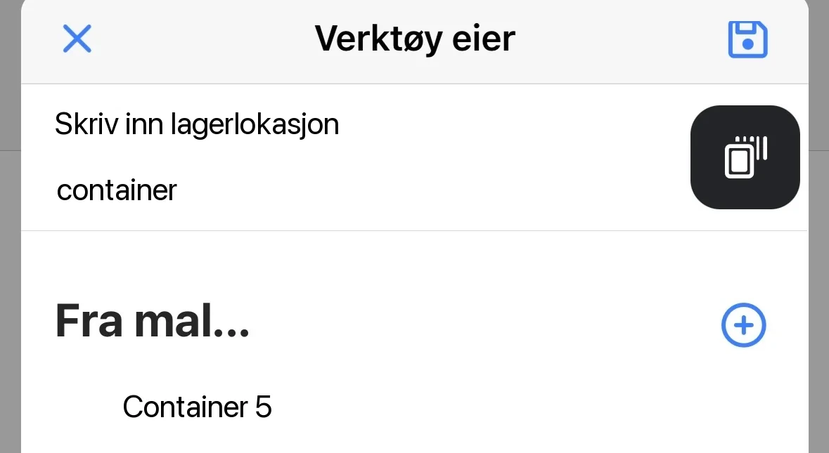 Skjermen Verktøy eier med feltet for lagerlokasjon