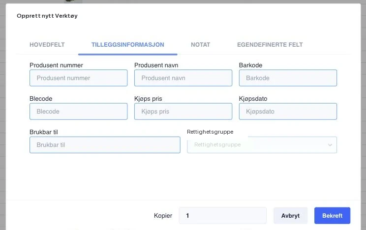 Feltet Barkode under Tilleggsinformasjon i web-appen