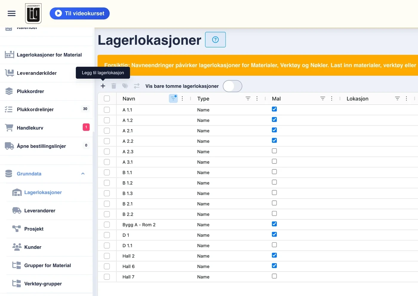 Lagerlokasjoner i nettappen, med bygg, rom og haller som egne lokasjoner