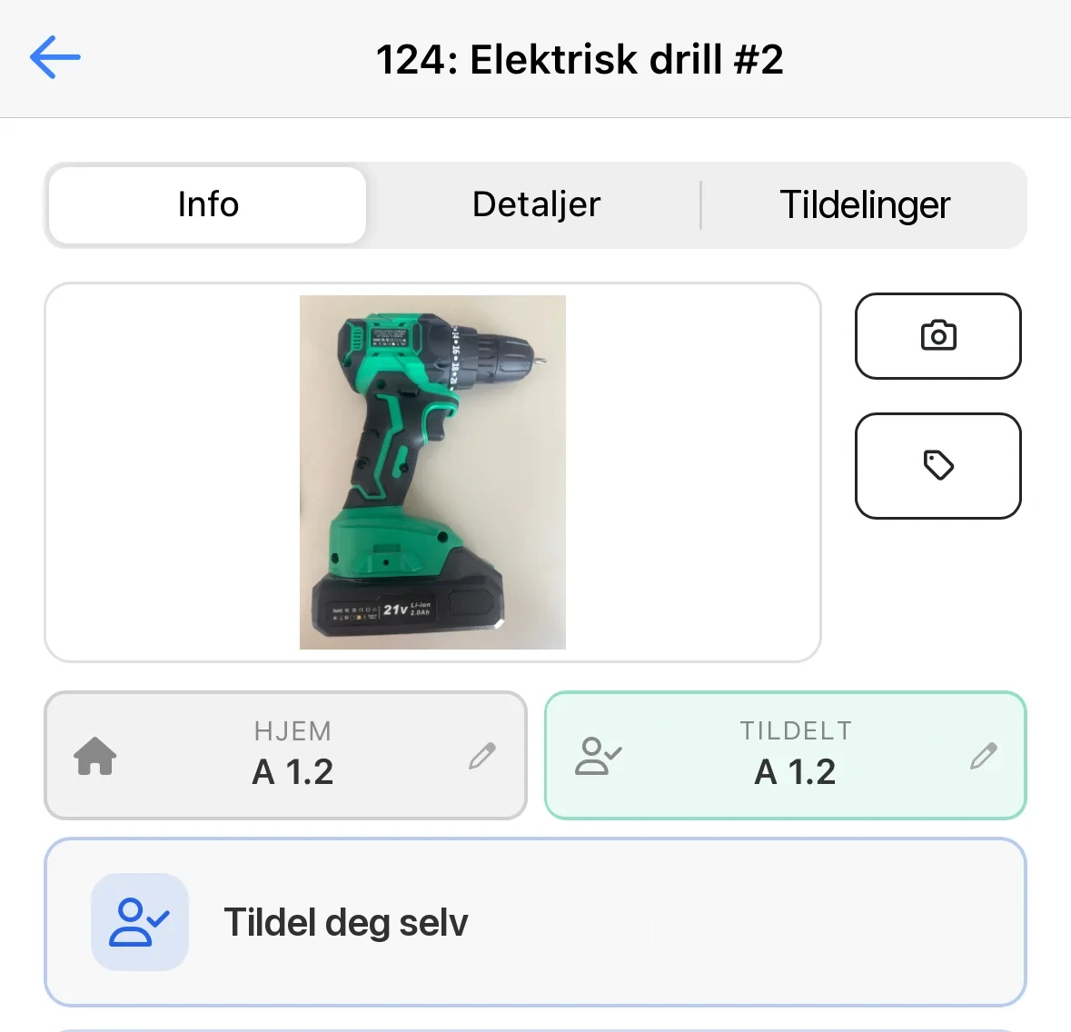 Verktøykortet i mobilappen med knappen Tildel deg selv
