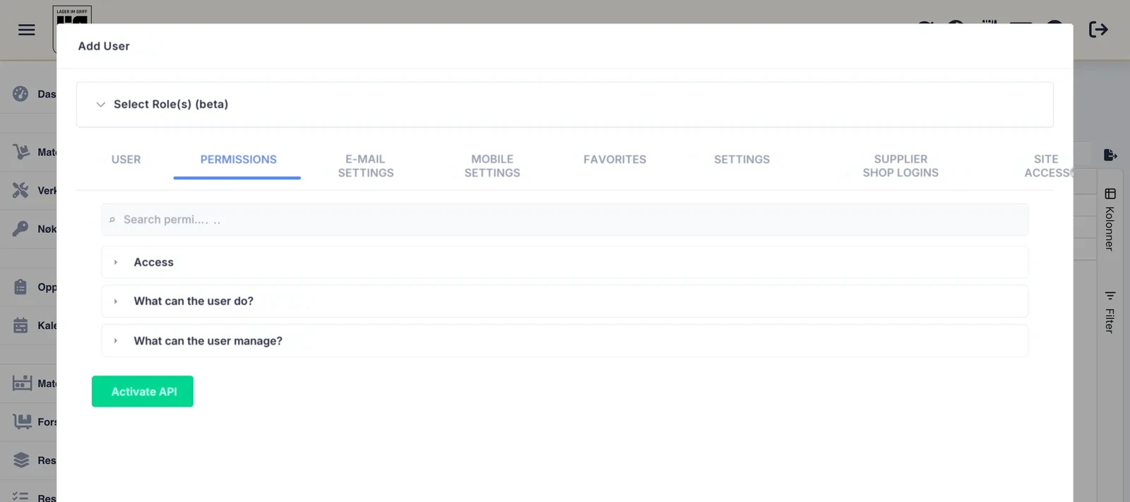 The Permissions tab in the Add User dialog: access, what the user may do and what the user may manage