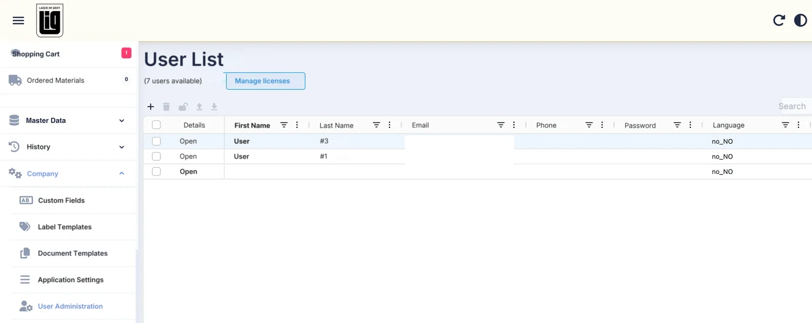 The user list in the Lagerdrift web app, with User Administration in the menu on the left