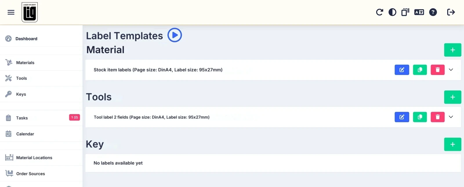 The Label Templates page in the web app with templates for material, tools and keys