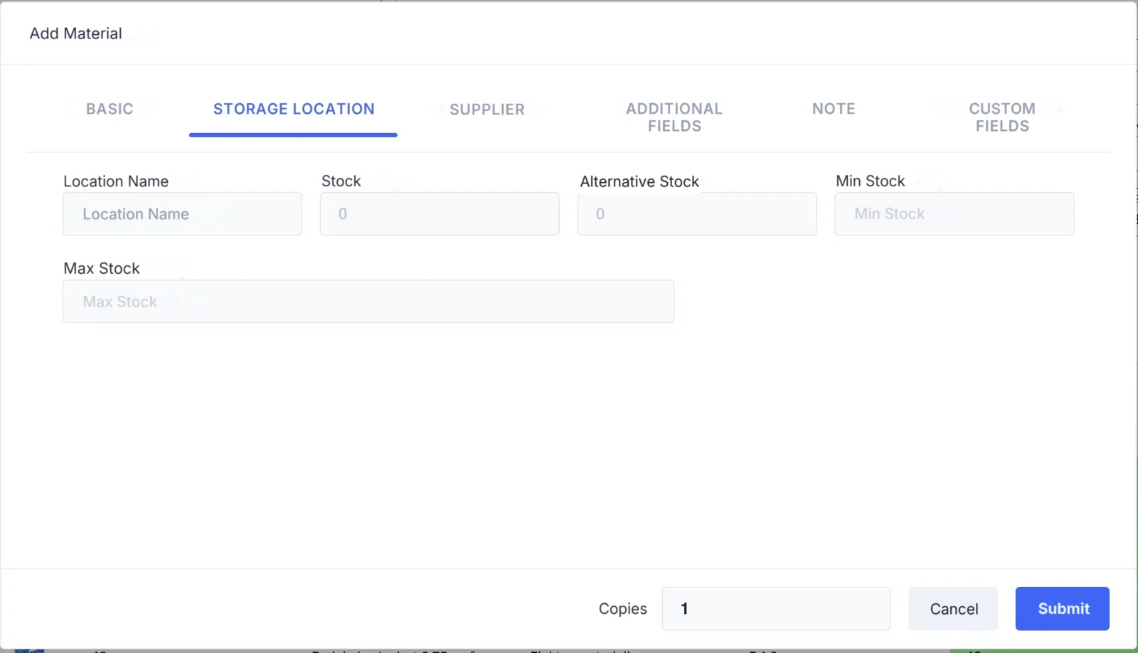 The Add Material dialog, Storage Location tab with location name, stock and minimum stock