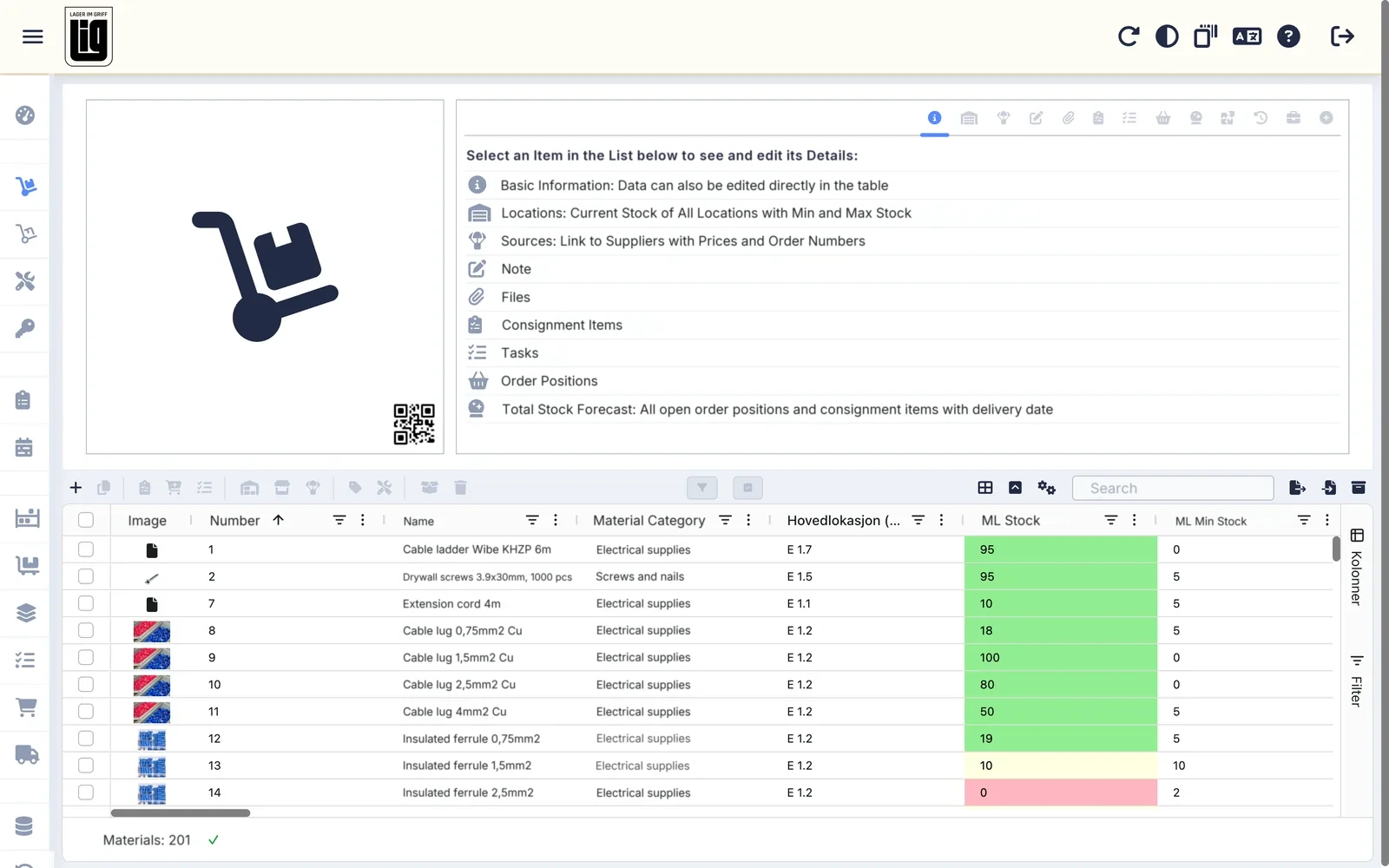 The material list in Lagerdrift with stock per location and the + button in the action bar