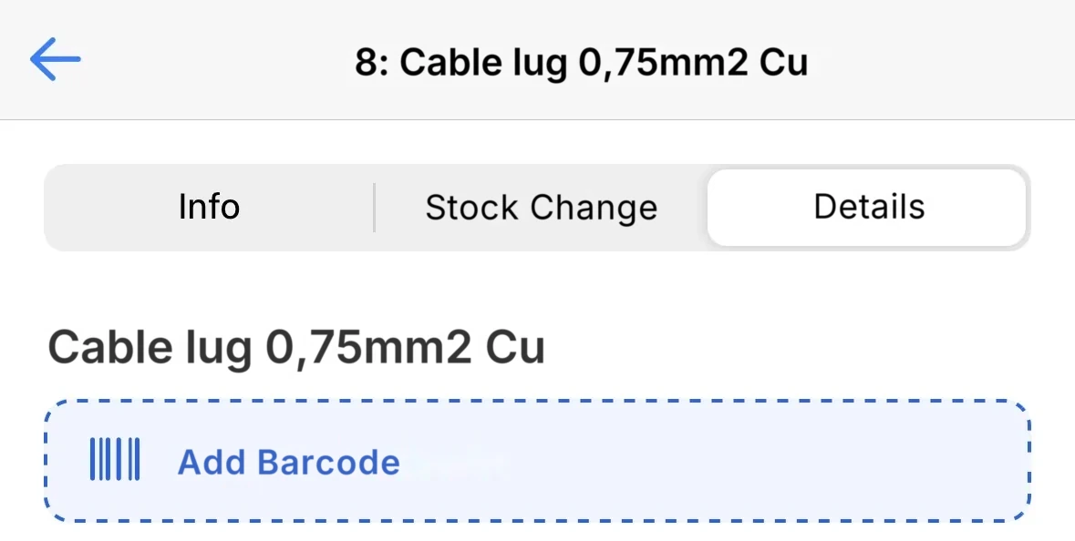 The Details tab in the mobile app with the Add Barcode button