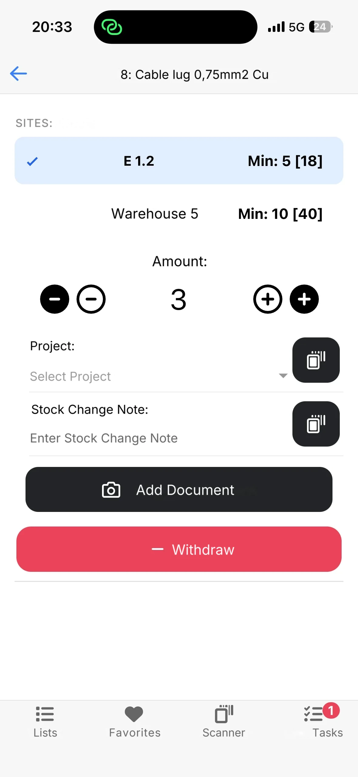 The withdrawal screen in the mobile app with location, quantity and the Remove stock button