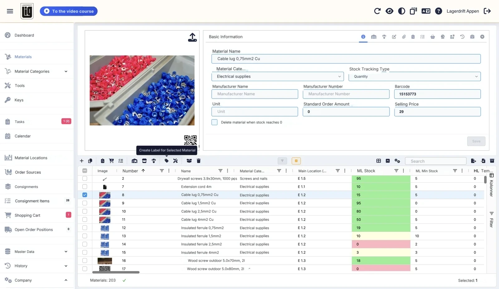 The material list with one material ticked and the Create Label button in the action bar