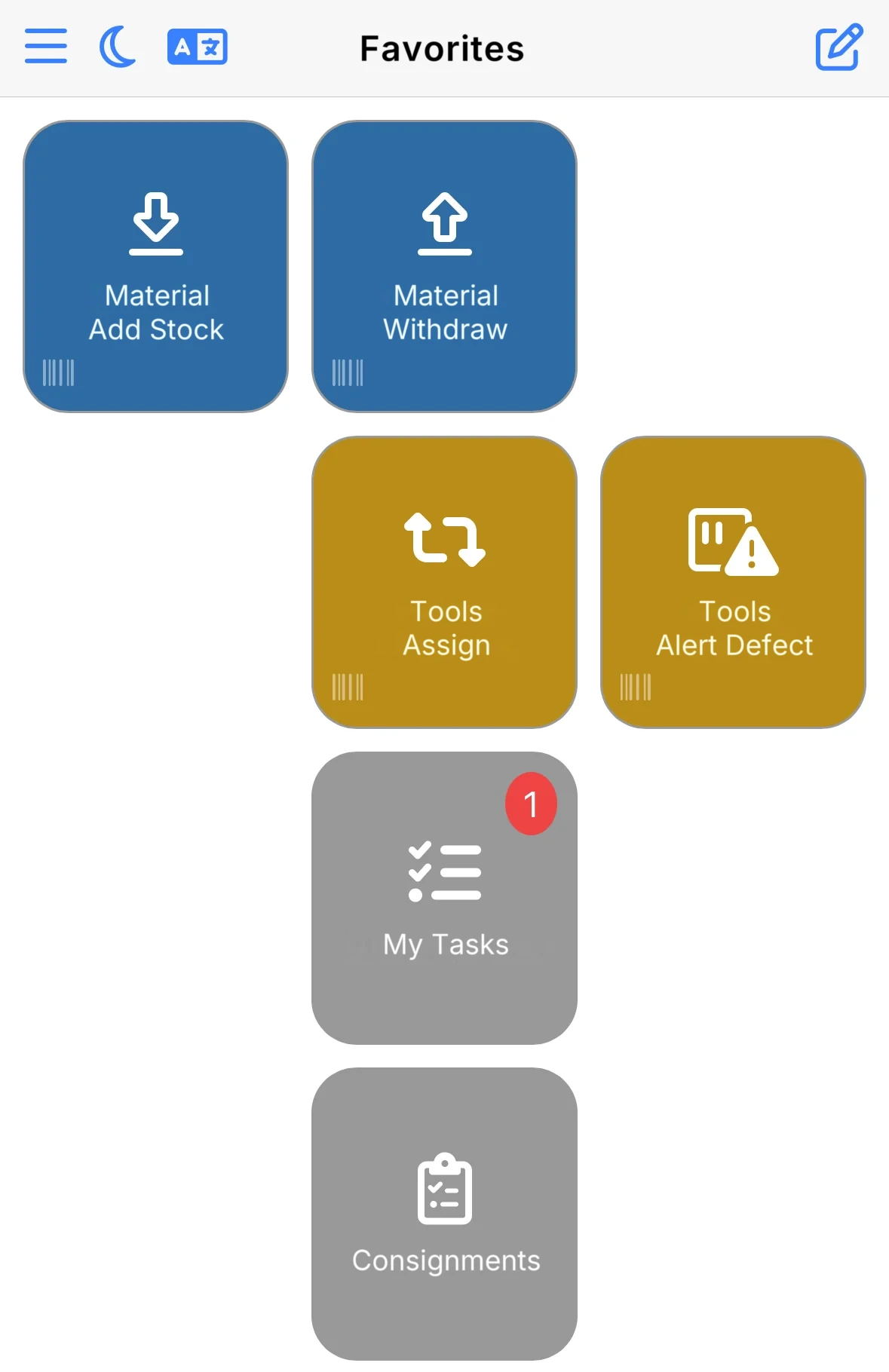 The Favorites tab in the mobile app with the shortcut Material · Remove stock