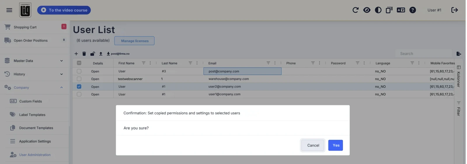 The confirmation dialog for setting the copied permissions and settings on the selected users, with the Cancel and Yes buttons