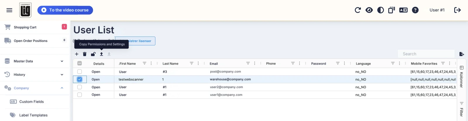 The user list with one user selected and the tooltip «Copy Permissions and Settings» in the action bar