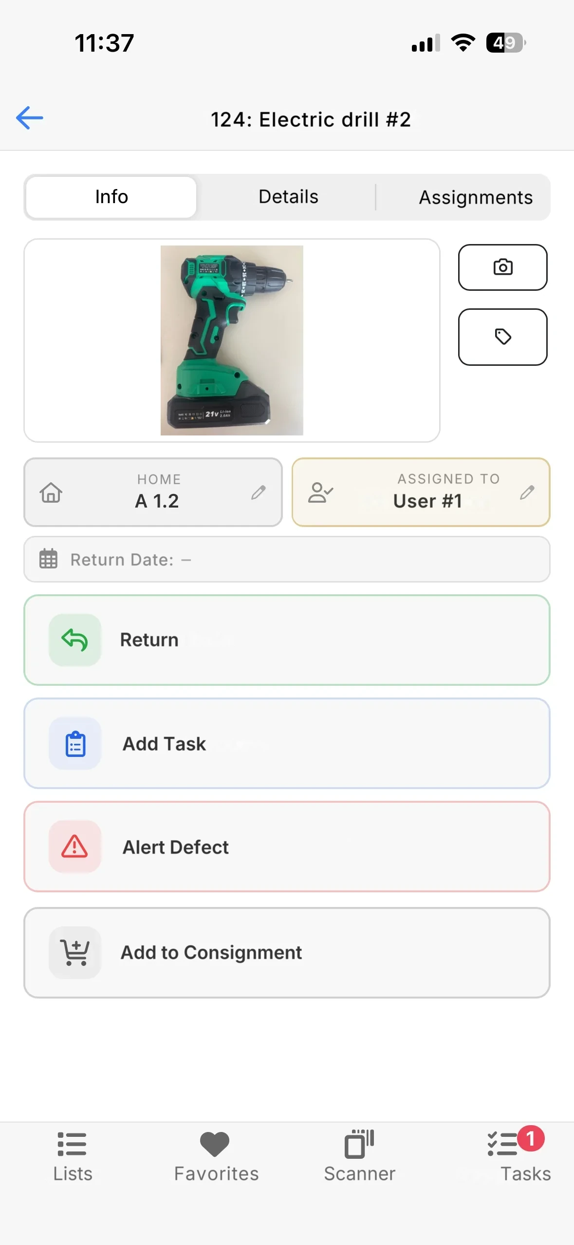 The tool card of a checked-out tool, where Assigned to shows the borrower's name