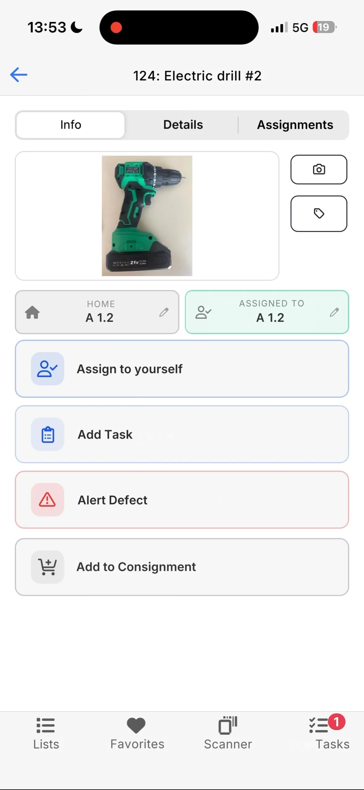 The tool card in the mobile app with the Home and Assigned to fields and the Assign to yourself button