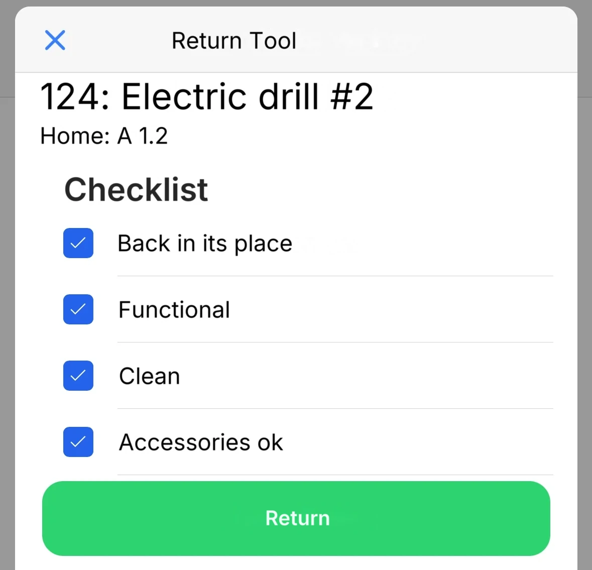 The checklist that can appear on return