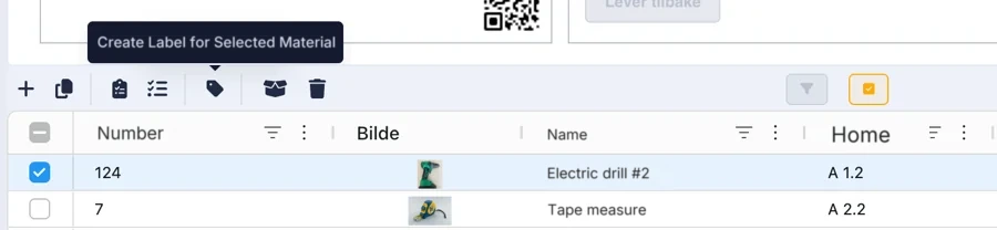 The tool list with one tool ticked and the label icon