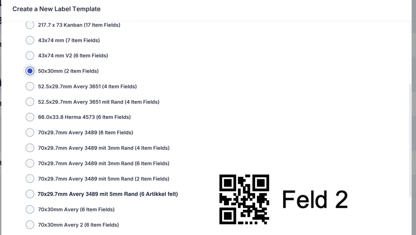 The list of label sizes with a preview