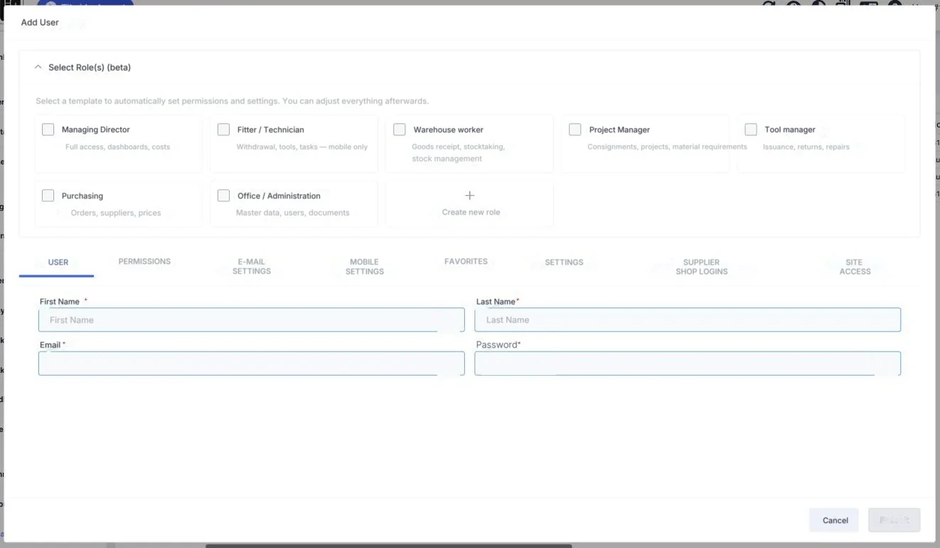 The Add User dialog with the role selection