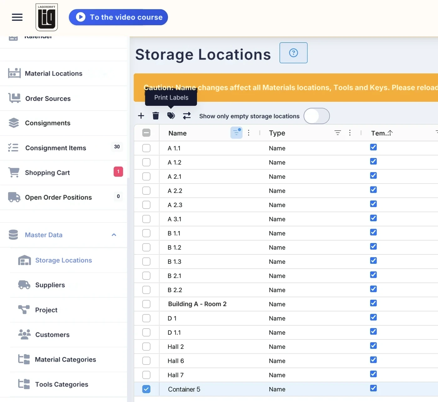 Storage Locations with Print Labels